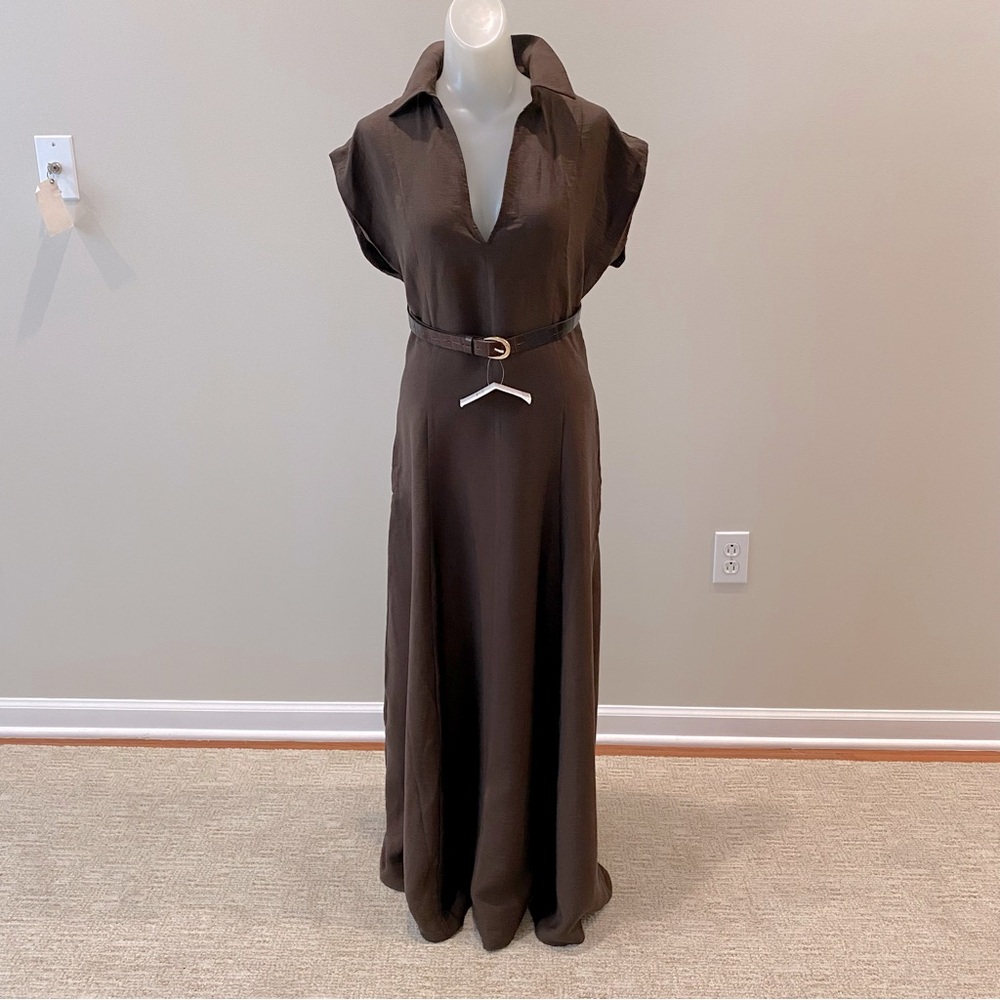 Zara NWT brown cotton blend Vneck midi dress belted cap sleeve pockets Large